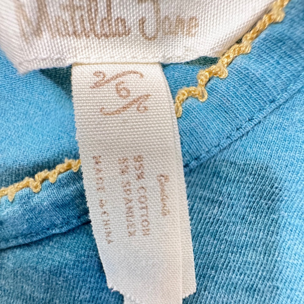 Matilda Jane Girls Teal Blue Smocked Ruffle Dress Size 6 Yellow Trim
